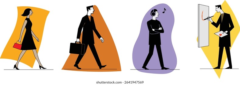 minimalist vector illustration of diverse modern people in daily activities, flat hand-drawn characters walking, listening to music, and painting with colorful abstract backgrounds