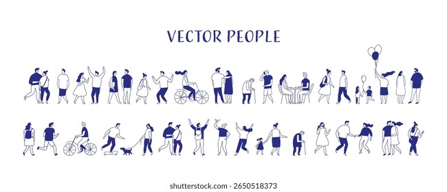 Minimalist vector illustration of diverse people silhouette walking, talking, shopping, and interacting in everyday life. Simple outline style for modern lifestyle and urban concepts.