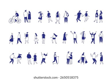 Minimalist vector illustration of diverse people silhouette walking, talking, shopping, and interacting in everyday life. Simple outline style for modern lifestyle and urban concepts.