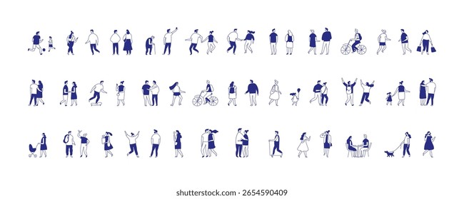 Minimalist vector illustration of diverse people silhouette walking, talking, shopping, and interacting in everyday life. Simple outline style for modern lifestyle and urban concepts.