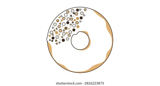 A minimalist vector illustration of a donut with white icing and geometric shaped sprinkles isolated on a white background.