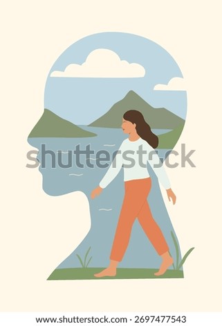 Minimalist vector illustration in double exposure style: a woman walks barefoot in nature. Symbolizes mindfulness, wellness, meditation, self-care, and positive mental health. For blogs, posters.