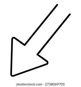 Minimalist vector illustration of a double-lined arrow pointing towards the bottom left corner. Ideal for navigation, direction, or infographic design elements.