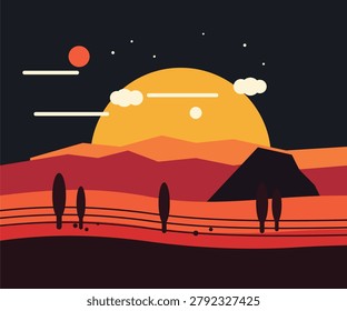 Minimalist vector illustration of a dramatic desert sunset. Layered mountains and stylized cacti silhouetted against a vast orange sun and starry night sky.