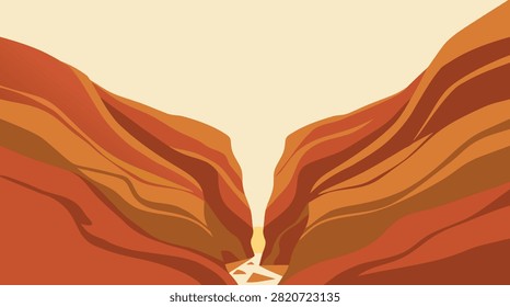 Minimalist vector illustration of a dramatic desert canyon with layered red rock cliffs under a warm bright sky, capturing an arid outdoor landscape.