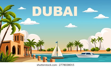 Minimalist vector illustration of Dubai coastline with traditional architecture, sailboats, and tropical palm trees