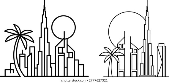 A minimalist vector illustration of the Dubai skyline featuring the Burj Khalifa, palm trees, and a sun, showcasing modern architecture.
