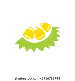 Ilustração vetorial minimalista de um segmento de frutos de tipo duriano, com polpa amarela brilhante sobre uma crosta pontiaguda verde.