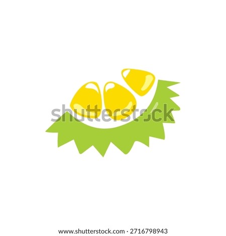 A minimalist vector illustration of a durian fruit segment featuring bright yellow flesh on a green spiky rind.