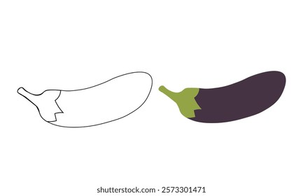Minimalist vector illustration of an eggplant ,with a clean line art version and a colored silhouette