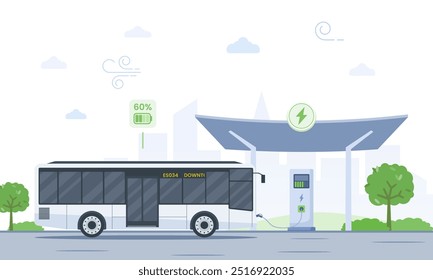 Ilustración vectorial minimalista de la carga del autobús eléctrico en la estación futurista. Escenario de transporte público Urbana con un 60% de indicador de Recargo, horizonte de la ciudad y Elementos verdes. Concepto de energía limpia