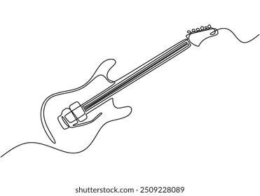 Minimalist vector illustration of an electric guitar in a continuous line drawing style. Represents the concept of music, hand drawn and isolated on a white background.