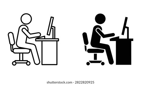 Minimalist vector illustration of employees working on PCs in a modern office environment.