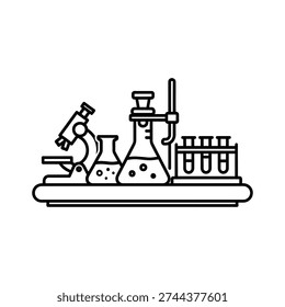 Minimalist vector illustration of essential laboratory glassware and tools on a shelf, ideal for science education, research, and medical concepts.