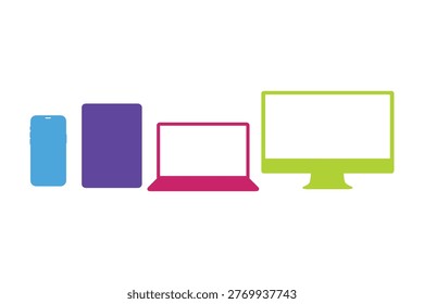 Minimalist vector illustration of essential tech devices including a laptop, desktop monitor, and smartphone. Ideal for business, technology, education, and digital marketing projects.