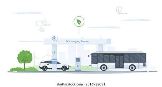 Ilustración vectorial minimalista: estación de carga de EV con el coche eléctrico y el autobús que cargan simultáneamente las baterías. Escenario de transporte ecológico Urbana. Concepto de energía limpia para campañas medioambientales 