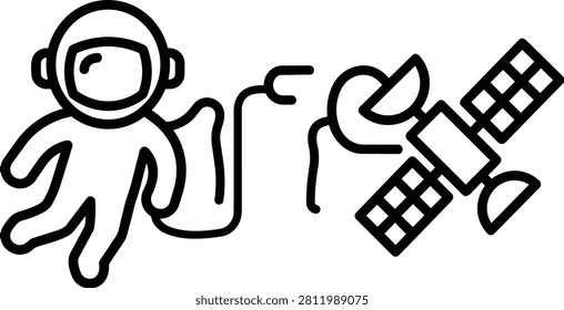 Minimalist vector illustration of a faceless astronaut floating in outer space next to a modern communications satellite, science fiction concept.