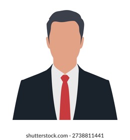 A minimalist vector illustration of a faceless man wearing a dark business suit, white shirt, and a vibrant red tie, representing a generic professional avatar.