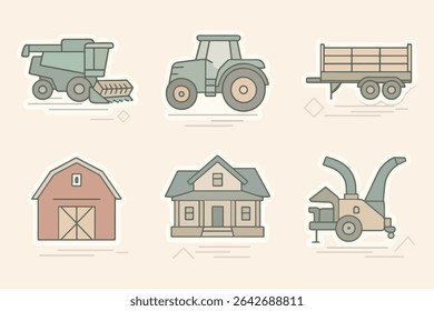 Minimalist vector illustration of farm equipment: combine, tractor, trailer, red barn, American ranch, and wood chipper. Cute flat style with limited color palette, perfect for rural or agriculture th