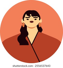 Minimalist vector illustration of a fashionable young woman with dark hair, wearing an orange v neck dress and earrings, set against a matching circular backdrop