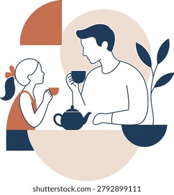 Minimalist vector illustration of a father and his young daughter having tea together, decorated with modern boho geometric shapes. Ideal for Father's Day.