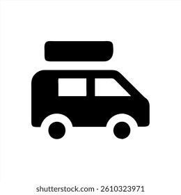 A minimalist vector illustration features a black camper van with a roof rack. This design offers a clear representation of outdoor adventures and travel lifestyle.