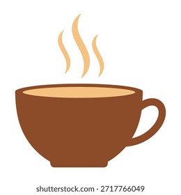 Una Ilustración vectorial minimalista presenta una taza de café marrón o una taza sobre un fondo blanco liso. La taza contiene un líquido de color claro, posiblemente café, té o chocolate caliente. 