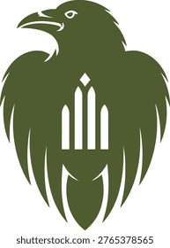 A minimalist vector illustration features a dark green silhouette of a bird. Inside its body, a stylized Gothic window pattern with vertical bars and a diamond.