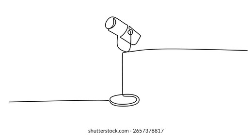 A ilustração vetorial minimalista apresenta um desenho de linha contínua desenhado à mão de um microfone, simbolizando a voz, a narração de histórias e a era do som moderno. Traçado editável isolado em plano de fundo branco.