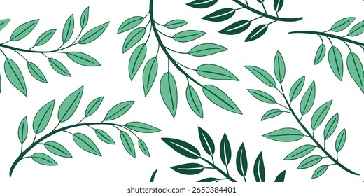 A minimalist vector illustration features repeating patterns of dark green branches with lighter green leaves scattered across a clean white background.