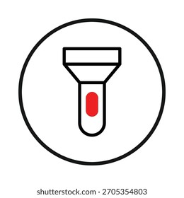 Eine minimalistische Vektorgrafik zeigt eine stilisierte Taschenlampe mit schwarzem Umriss, rotem Detail und weißem Hintergrund. Das Bild ist sauber, grafisch und leicht skalierbar, sodass es für