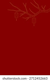 Una Ilustración vectorial minimalista con ramas de alambre dorado abstracto con dos linternas chinas decorativas colgando sobre un fondo rojo profundo. 