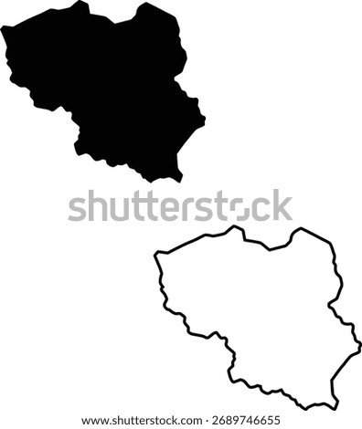 Minimalist vector illustration featuring the accurate geographical borders of Opole Voivodeship in Poland, depicted as solid black and outline shapes.