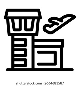 Ilustração vetorial minimalista com um avião decolando acima de uma torre de controle do aeroporto, simbolizando viagens aéreas, partidas e aviação