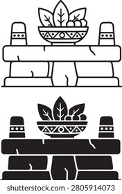 A minimalist vector illustration featuring an ancient stone altar with a decorative bowl containing ritual offerings.