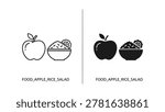 Minimalist vector illustration featuring an apple and a bowl of salad depicted in solid and line art styles on a plain background.