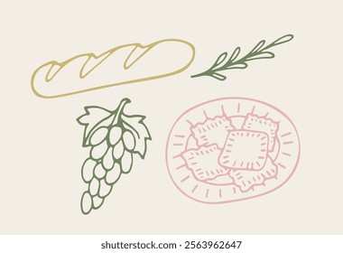 Minimalist vector illustration featuring a baguette, grape bunch, ravioli on a plate, and a sprig of herbs in line art style. Perfect for culinary and gourmet designs