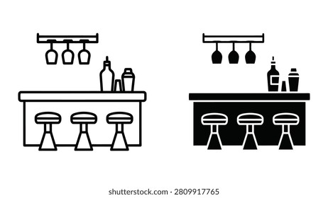 A minimalist vector illustration featuring a bar counter with stools, bottles, and hanging glasses in two styles.