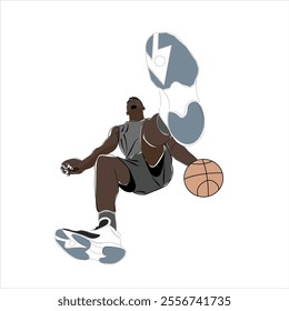 A minimalist vector illustration featuring a basketball player mid-action with dynamic posture, showcasing athleticism and energy.