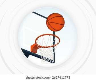 Uma ilustração vetorial minimalista com um aro de basquete com uma rede e uma bola de basquete posicionada acima dele, situado contra um fundo circular simples com linhas concêntricas. 