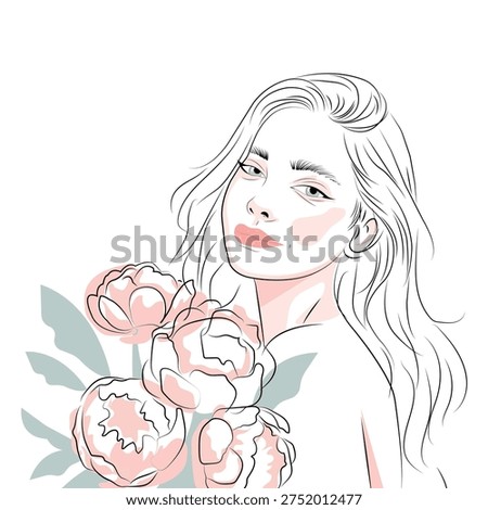 Minimalist vector illustration featuring a beautiful girl with floral bouquet. Created with organic strokes and hand-drawn textures to convey a natural, honest feel. Perfect for greeting cards, posters, and aesthetic branding.
