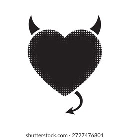 Uma ilustração vetorial minimalista com um coração negro com chifres do diabo e uma cauda, simbolizando um tema escuro ou maligno.