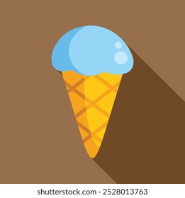 Minimalist vector illustration featuring a blue ice cream scoop melting in a waffle cone, simple colors and long shadow