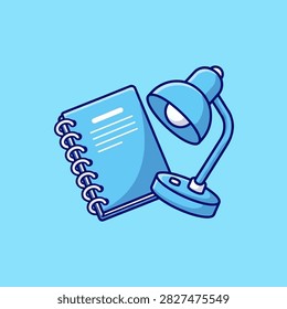A minimalist vector illustration featuring a blue spiral-bound notebook paired with a matching desk lamp. This clean, modern graphic represents concepts of studying, working late, and academic learning on a soft blue background.