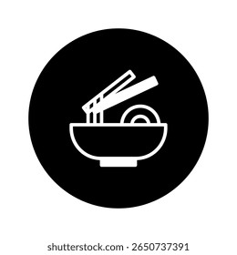 Minimalist vector illustration featuring a bowl of noodles with chopsticks against a black circle background