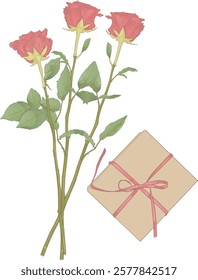 Minimalist vector illustration featuring a bunch of roses and wrapped gifts in celebration of Valentine's Day