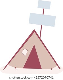 Minimalist vector illustration featuring a camping tent with two blank signs attached to a pole and a patched hole, set against a clean white background, ideal for outdoor themes