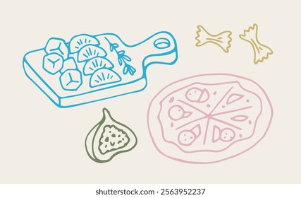 Minimalist vector illustration featuring a cheese board, pizza, fig slice, and pasta shapes in pastel colors. Perfect for food-related designs or culinary projects