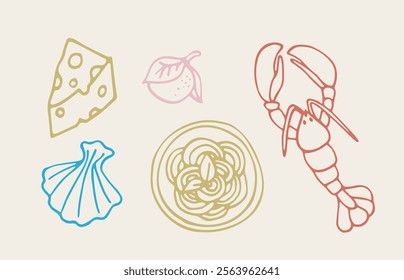 Minimalist vector illustration featuring cheese, a lemon, pasta, a lobster, and a shell in line art style. Ideal for culinary, seafood, and gourmet-themed designs