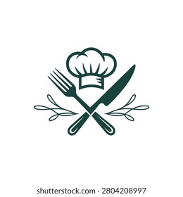 A minimalist vector illustration featuring a chef's hat positioned above a crossed fork and knife, accented with decorative leaves, perfect for culinary branding.
